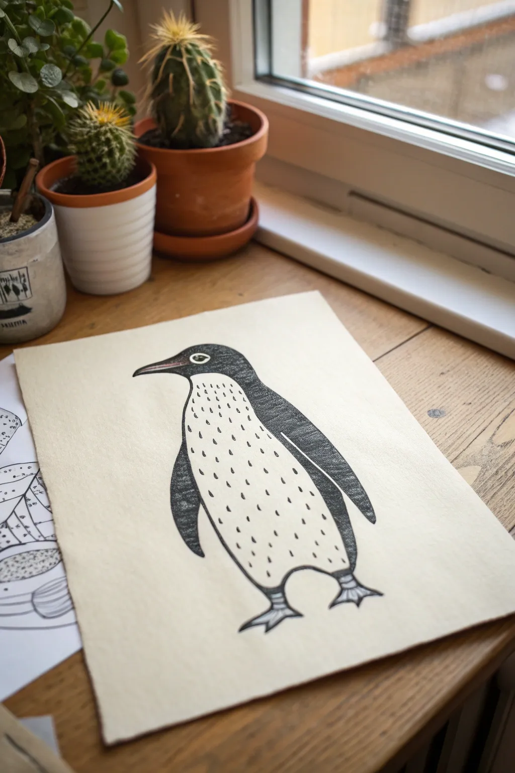 Minimal penguin with patterned belly designs, a clean Scandinavian-boho drawing idea.