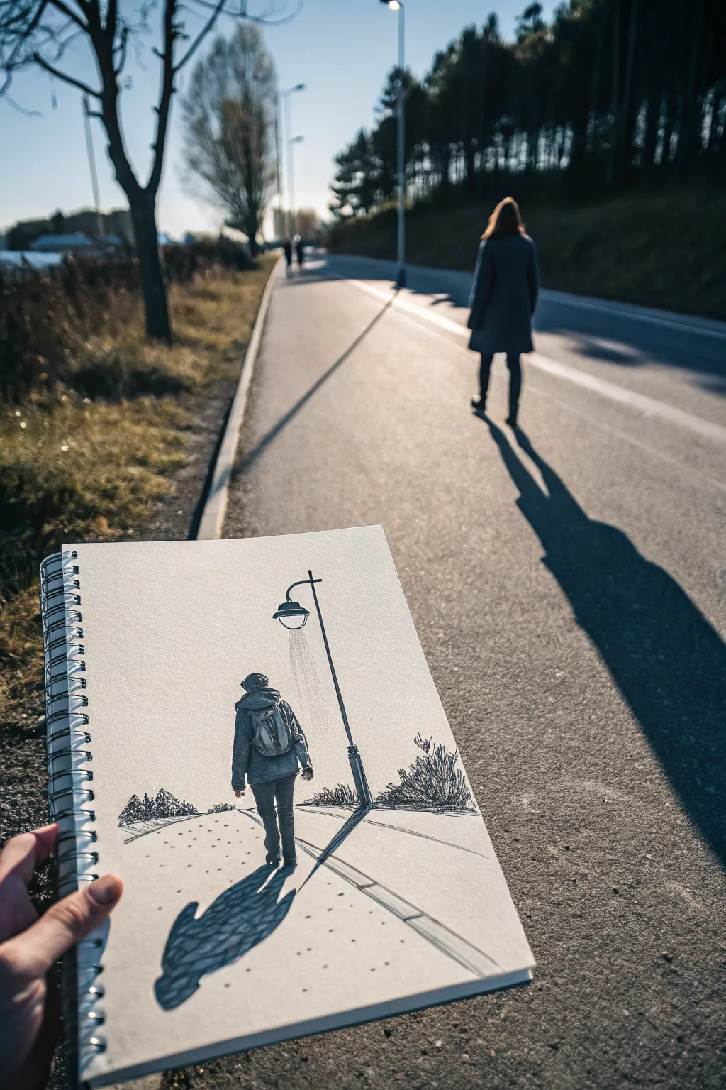 Under one streetlight, a second shadow self rises behind the walker in stark dreamlike contrast