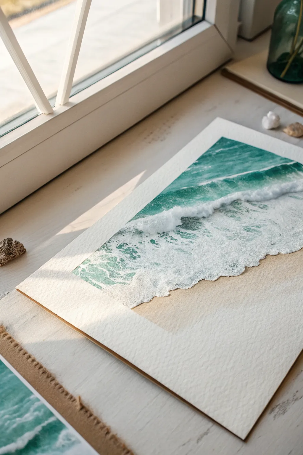 Minimal shoreline linework: teal foamy water strokes meets a smooth beige sand wash, top-down.