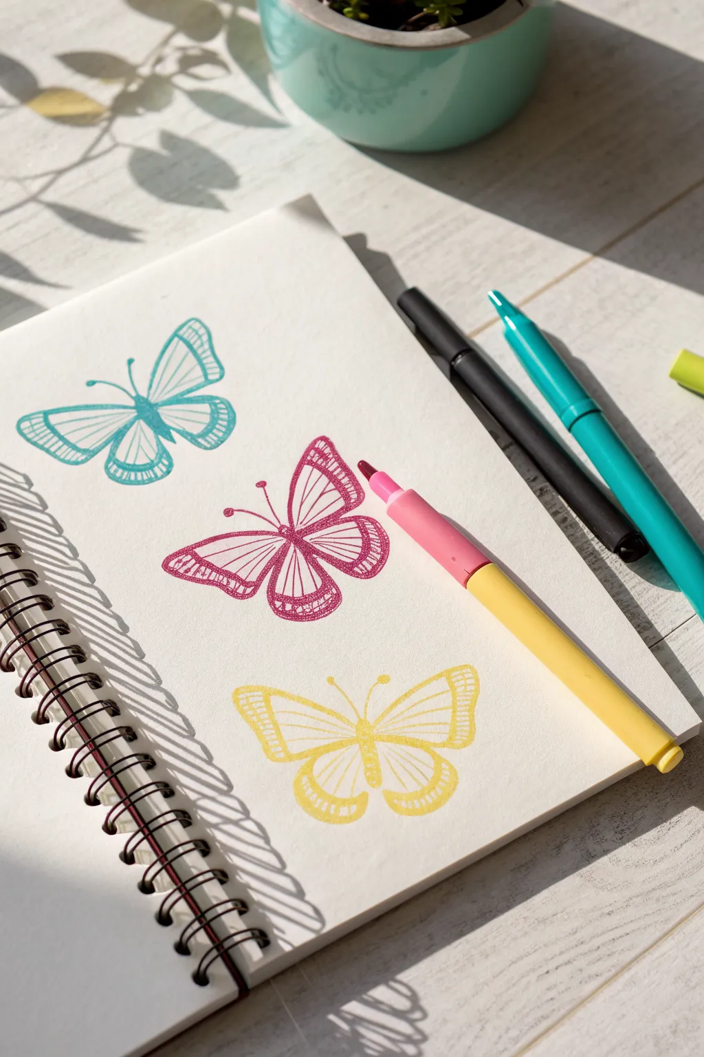Glitchy CMY offset butterfly marker sketch for bold, minimal Scandinavian-meets-boho color play