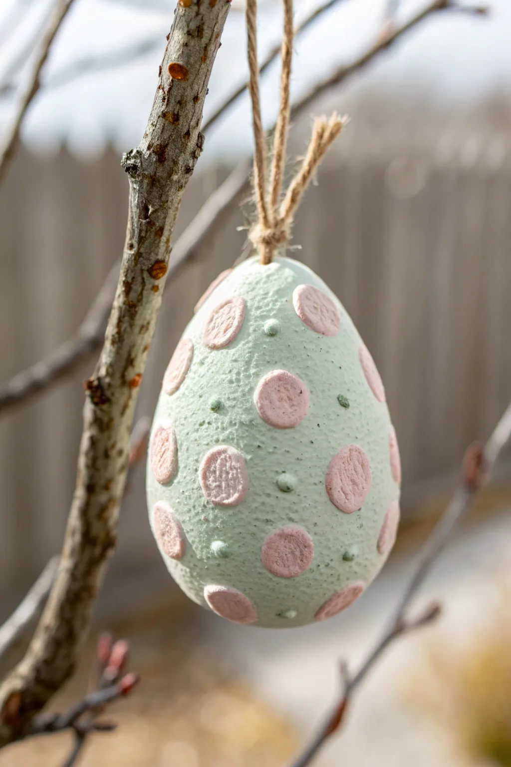 Salt dough Easter egg ornament with toddler-stamped texture, soft pastel paint, twine hanger