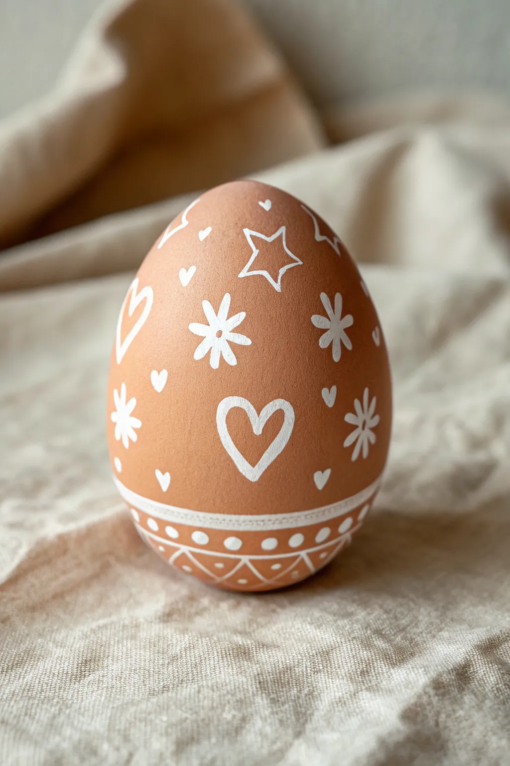 Minimalist Easter egg with crisp white negative-space shapes on a muted boho color wash