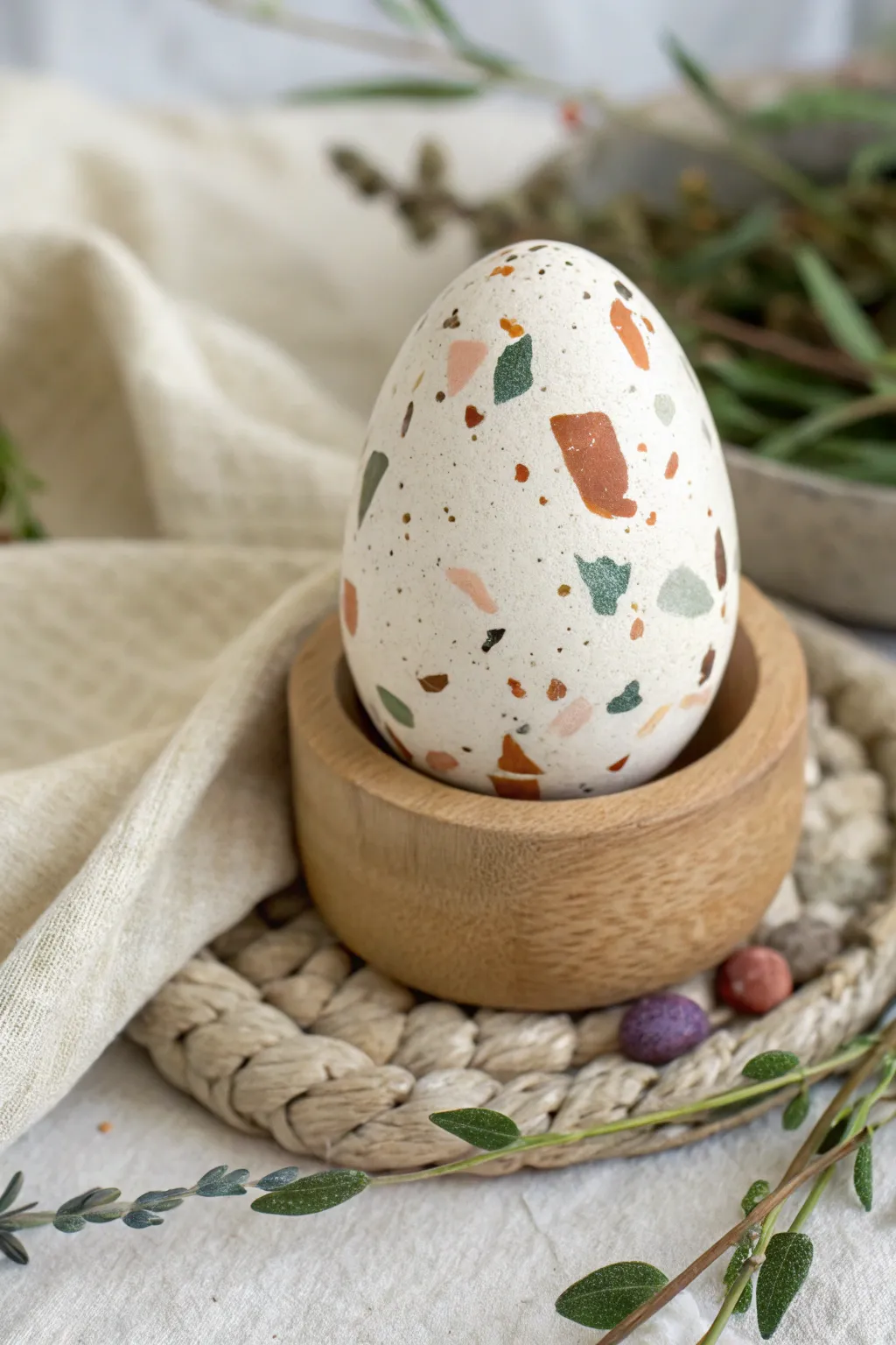 Terrazzo confetti egg in soft neutrals with chunky flecks and a minimal paint-chip palette