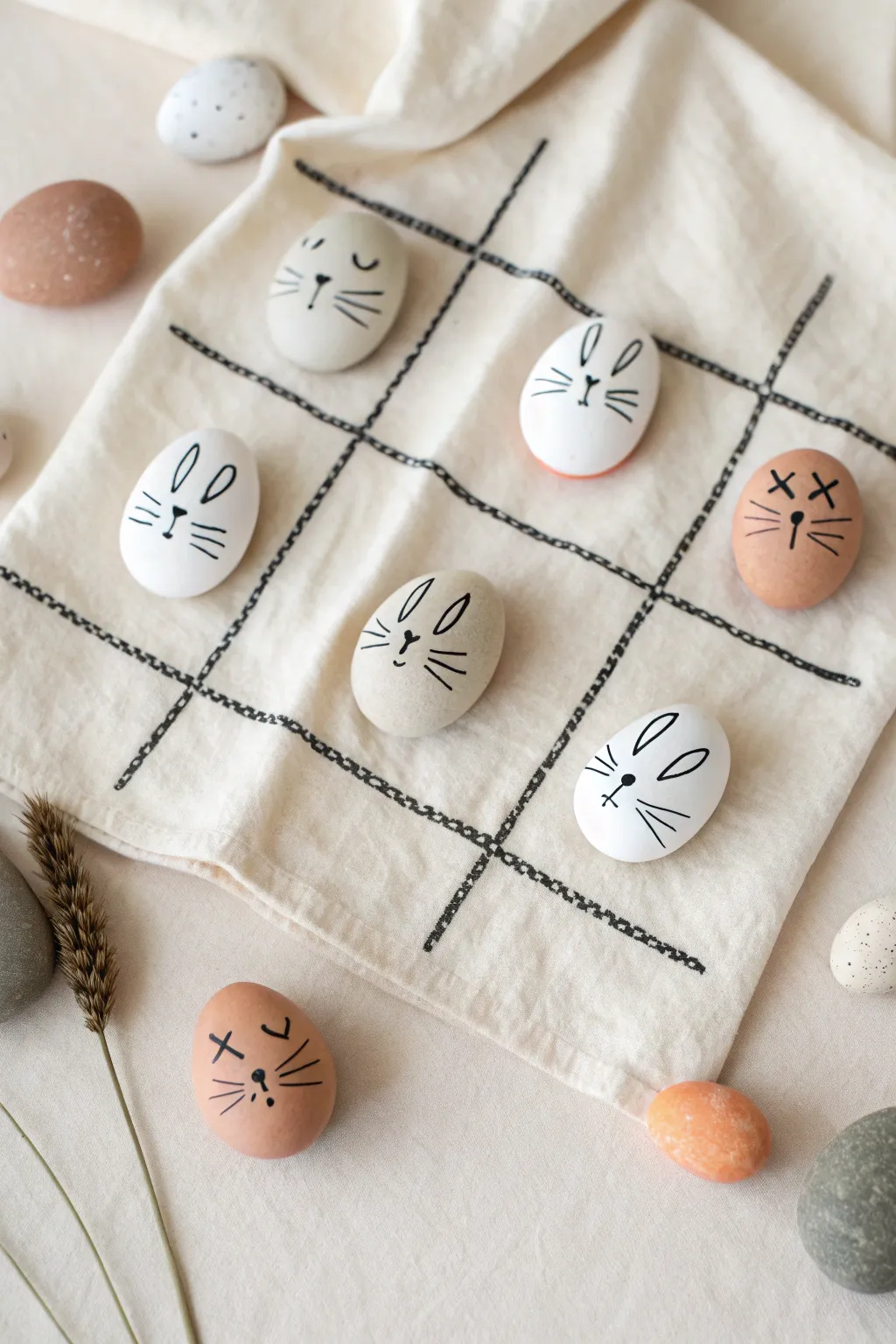 Easter tic tac toe painted rocks: bunny vs egg set in soft Scandinavian boho minimal style