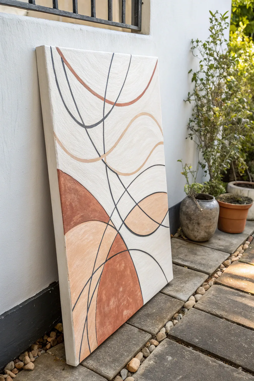 String-pull abstract lines sweeping across a calm color field, minimal and modern with soft boho warmth.