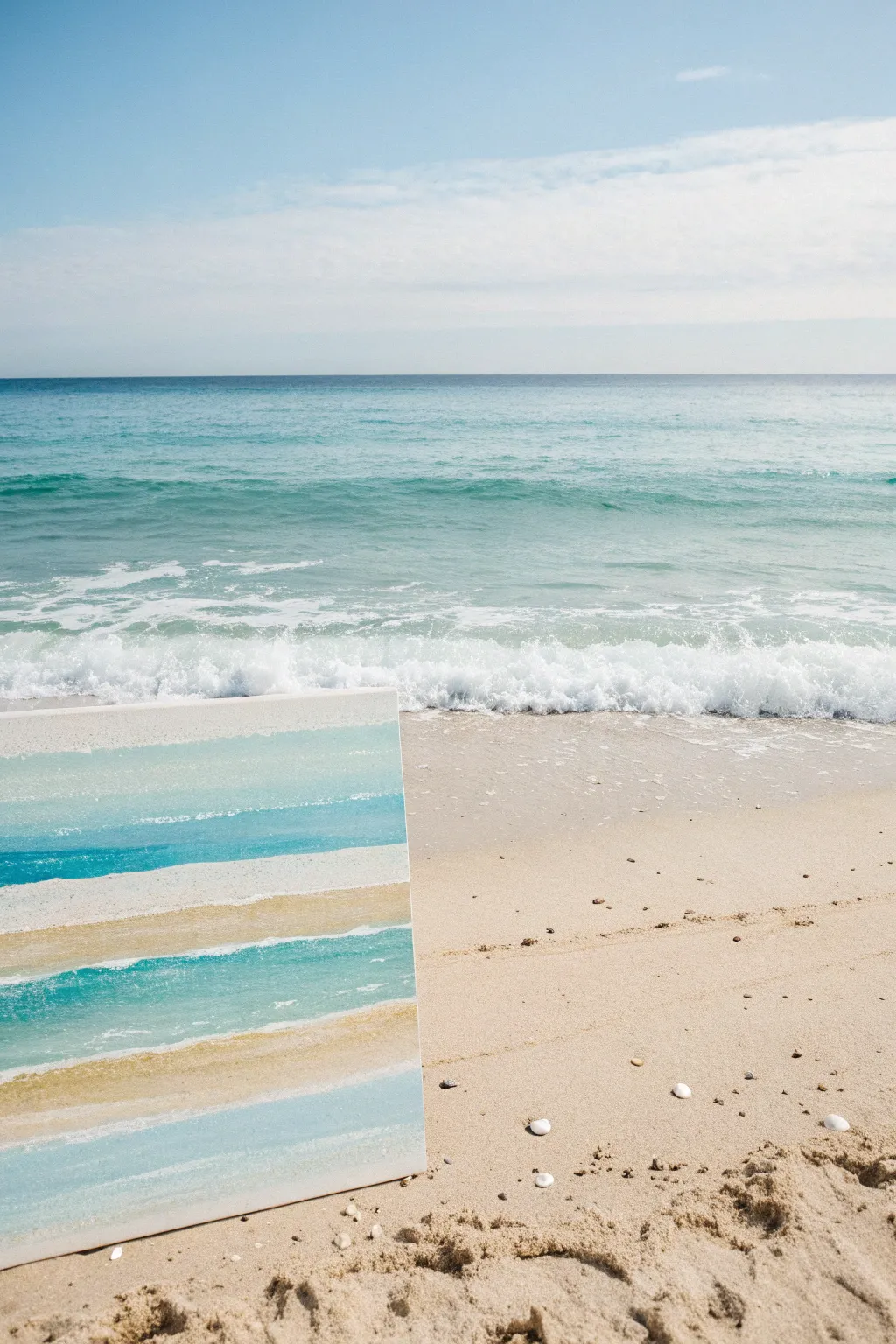 Minimal abstract beach stripes with delicate white foam accents in calm Scandinavian boho tones.