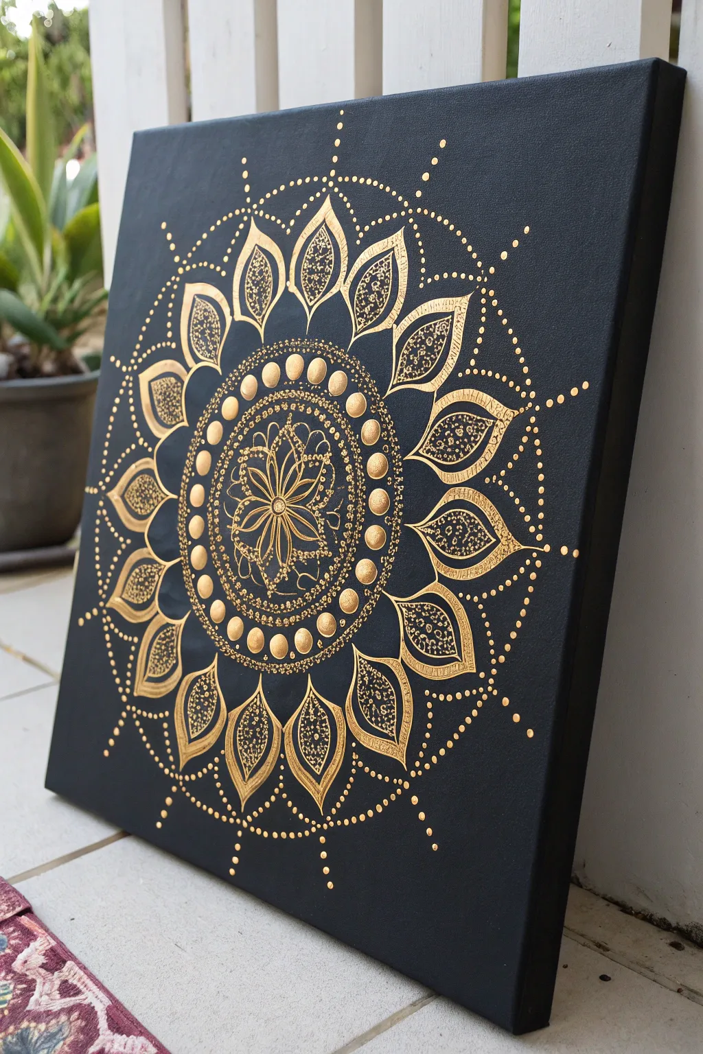 Metallic gold dot mandala on deep black canvas, calm symmetry with luxe high contrast.