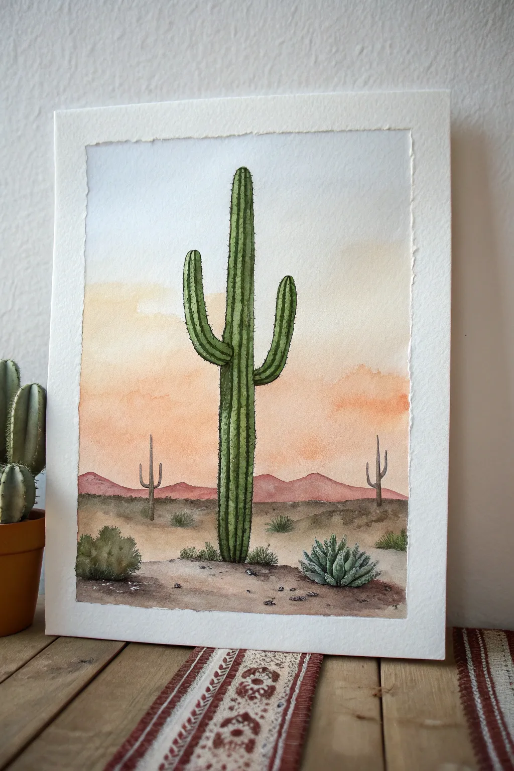 Create a bold cactus with delicate splatter texture on a warm sunset wash, minimalist desert vibe.