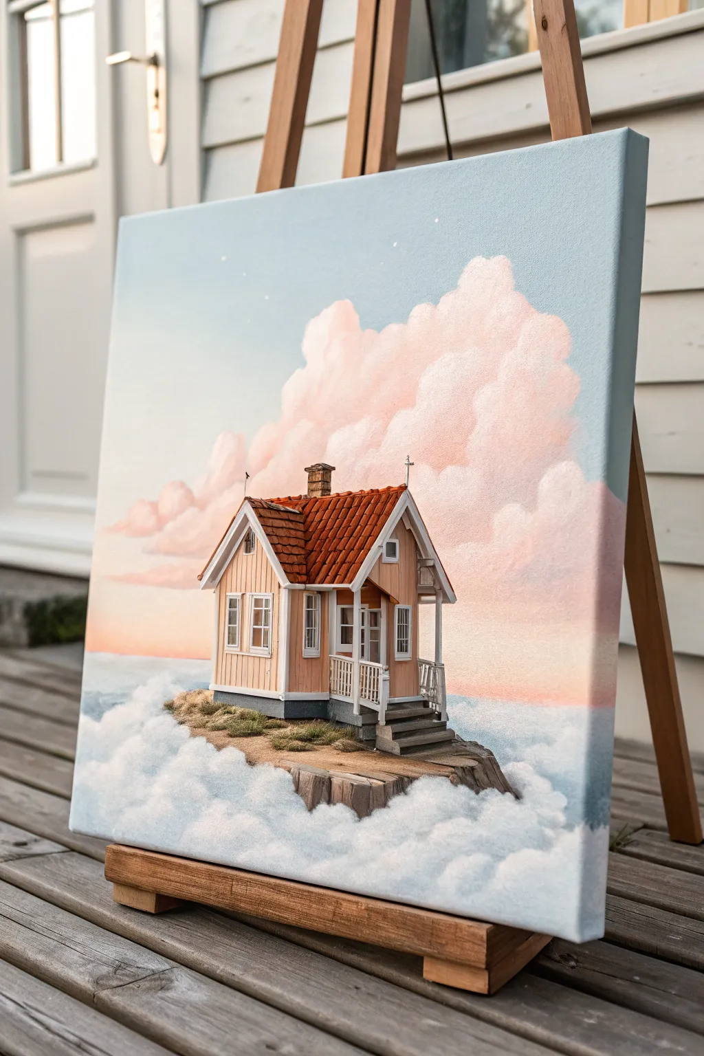 Paint a tiny floating cottage on dreamy abstract clouds, minimalist Scandinavian boho vibes