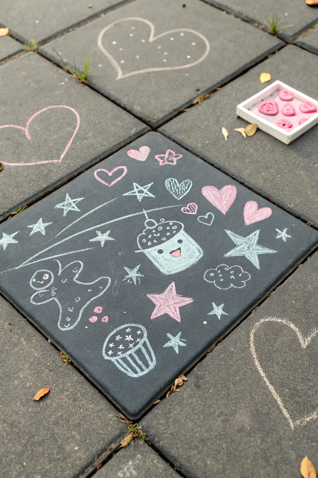 Sticker-style chalk doodle collage with bold outlines and soft shadows, cute and easy to copy