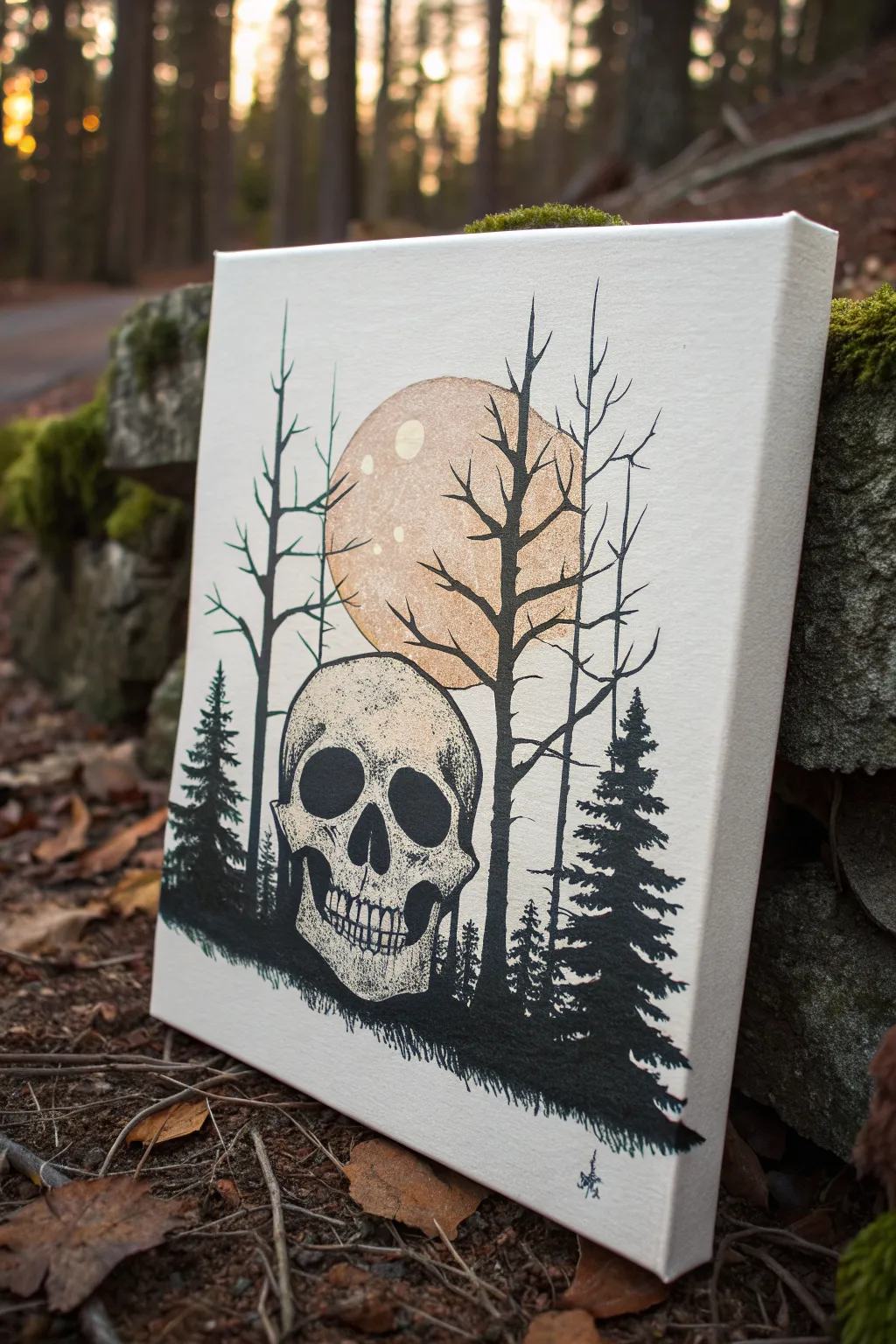 Paint eerie forest skull pareidolia with simple branches and a soft moon glow in acrylics