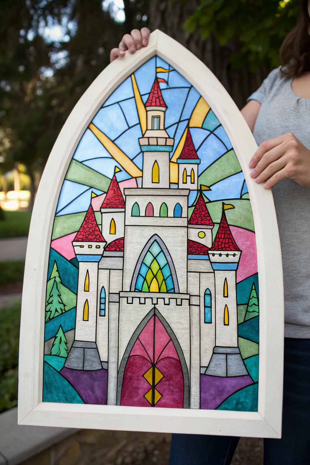 Create a stained-glass castle window with bold black lines and jewel-tone panes.