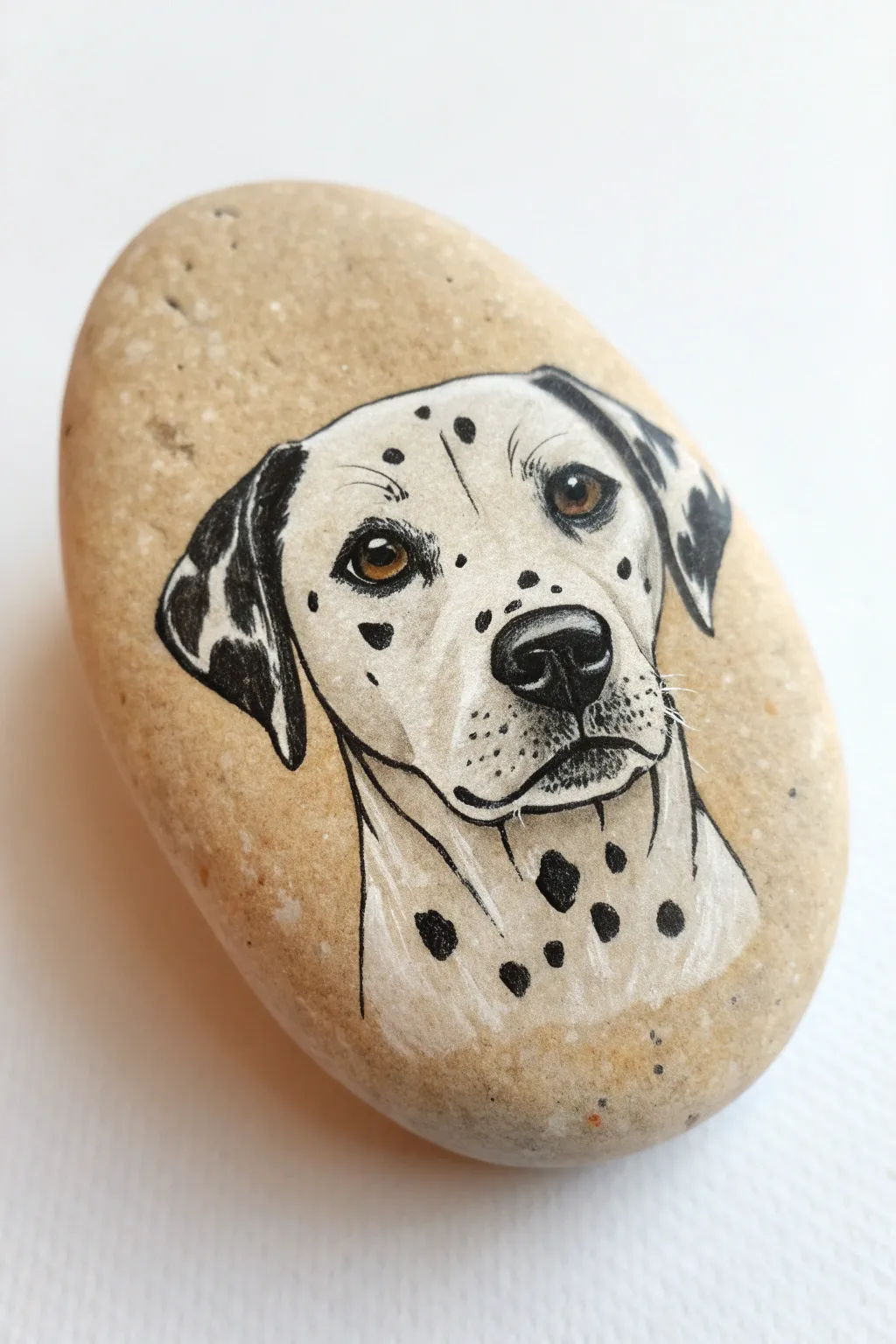 Easy dog rock painting with quick stippled dots for fluffy fur and clean, graphic eyes