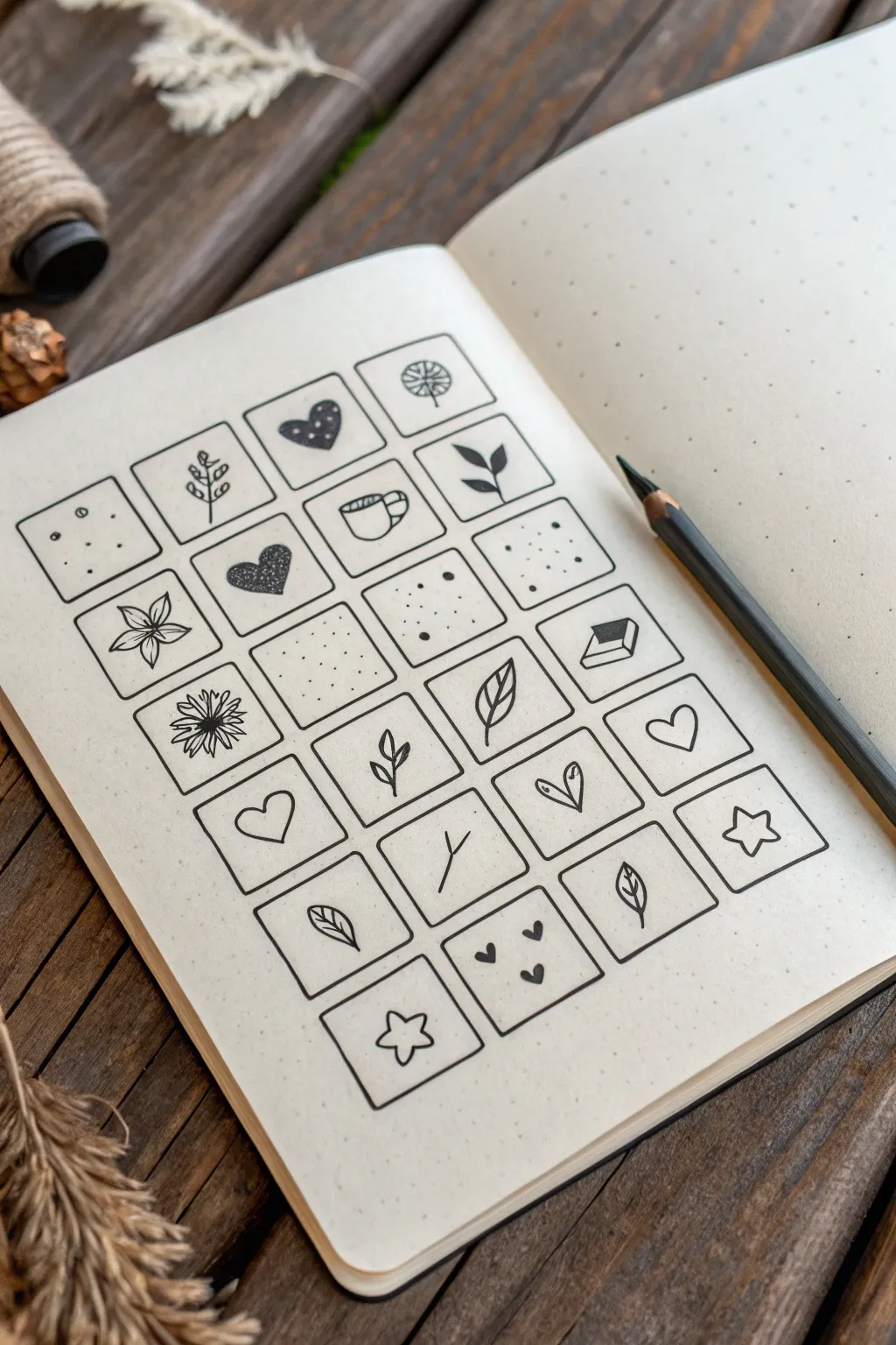 Minimal doodle sticker sheet page with tiny icons, clean lines, and cozy Scandinavian vibe.
