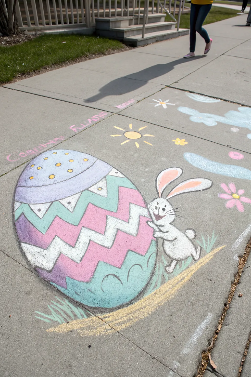 Simple sidewalk chalk bunny in a cracked egg mural with bold outlines and pastel Easter color pop