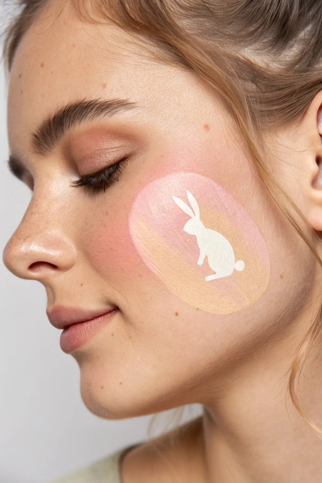Minimal pastel cheek art: negative space bunny silhouette for an easy, elegant Easter look