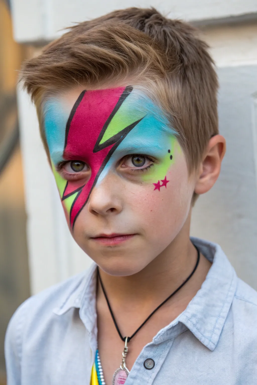 Neon lightning bolt face paint: bold glow on a dark backdrop, clean and modern for boys
