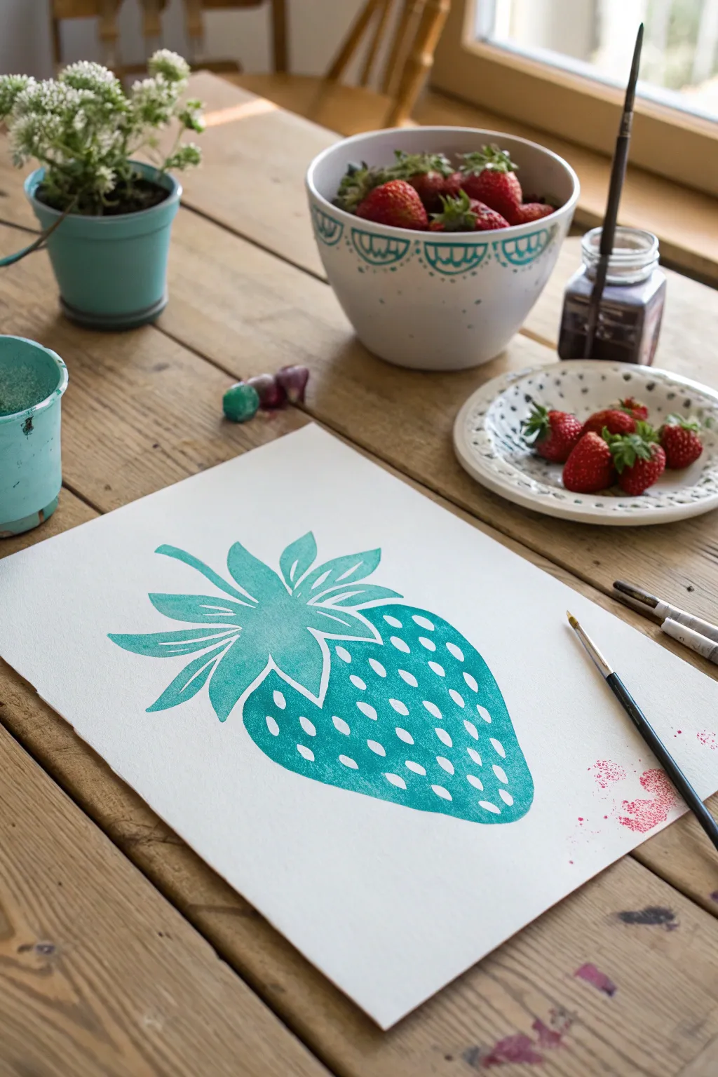 Try this bold pop-color strawberry silhouette for a quick, modern fruit painting you can recreate.