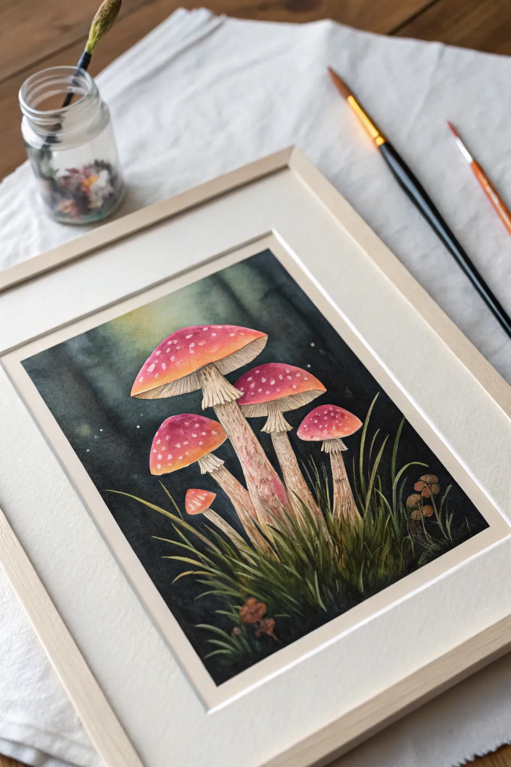 Paint luminous gouache mushrooms with soft halos on a dark background for an easy study
