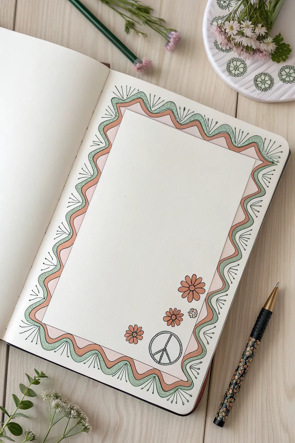 Draw a retro doodle frame with waves, daisies and peace signs for sketchbook pages