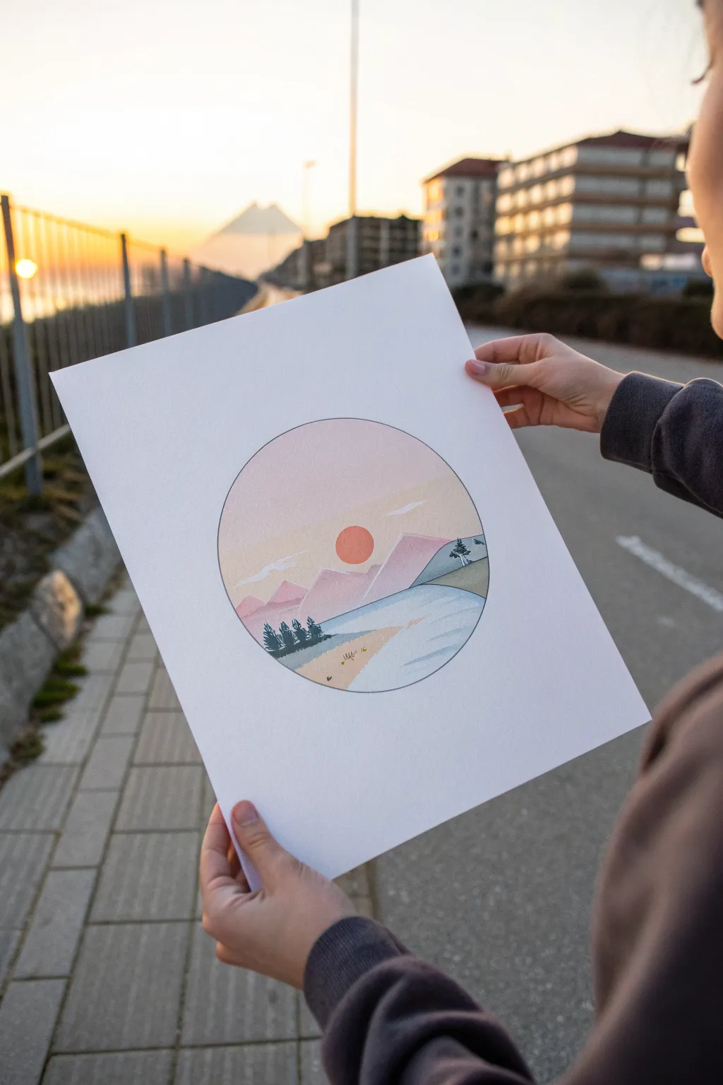 Create a circle-masked pastel mini landscape window with crisp edges and soothing sunset tones