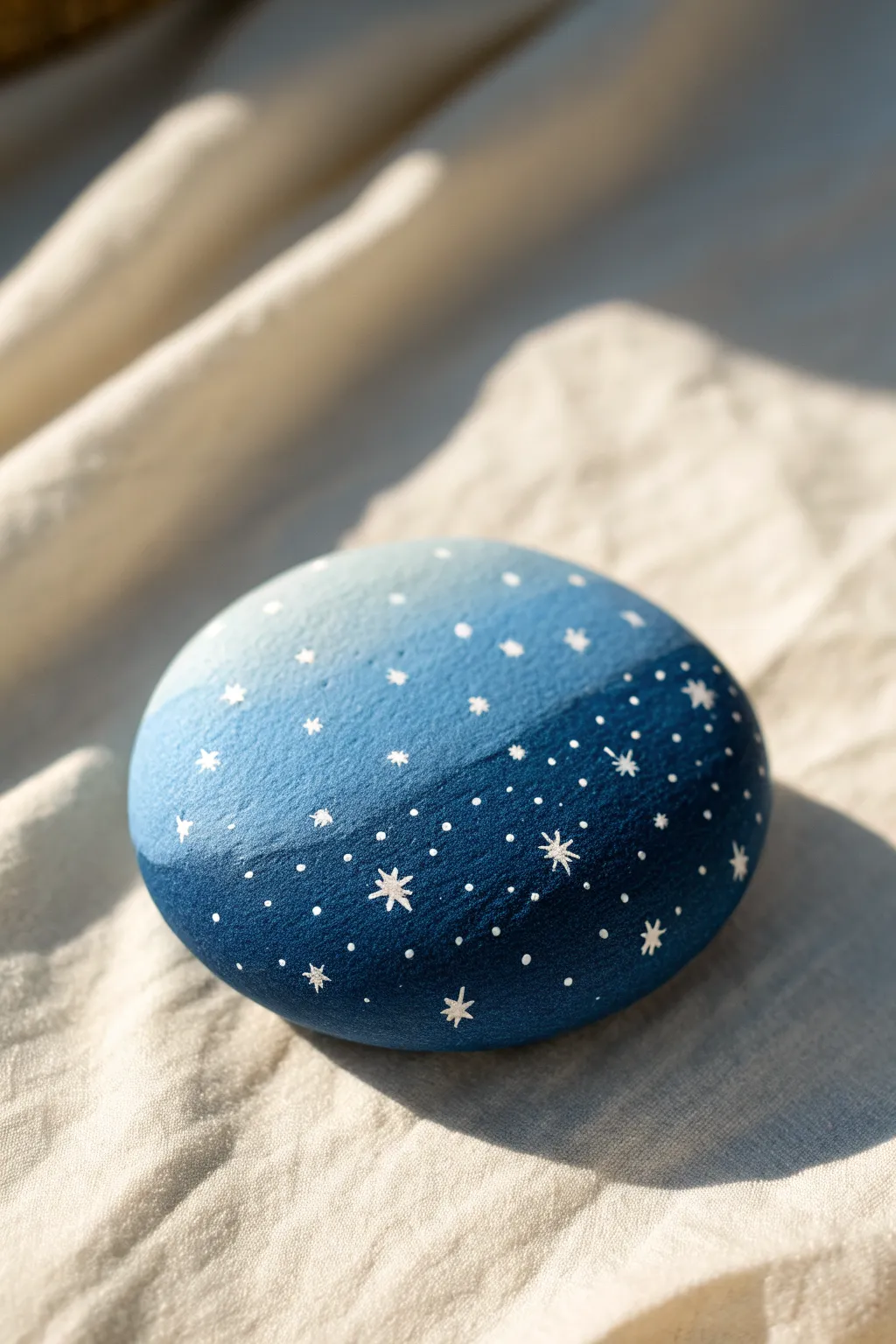 Ombre blue painted rock with floating white stars, minimalist flat lay for easy patriotic DIY