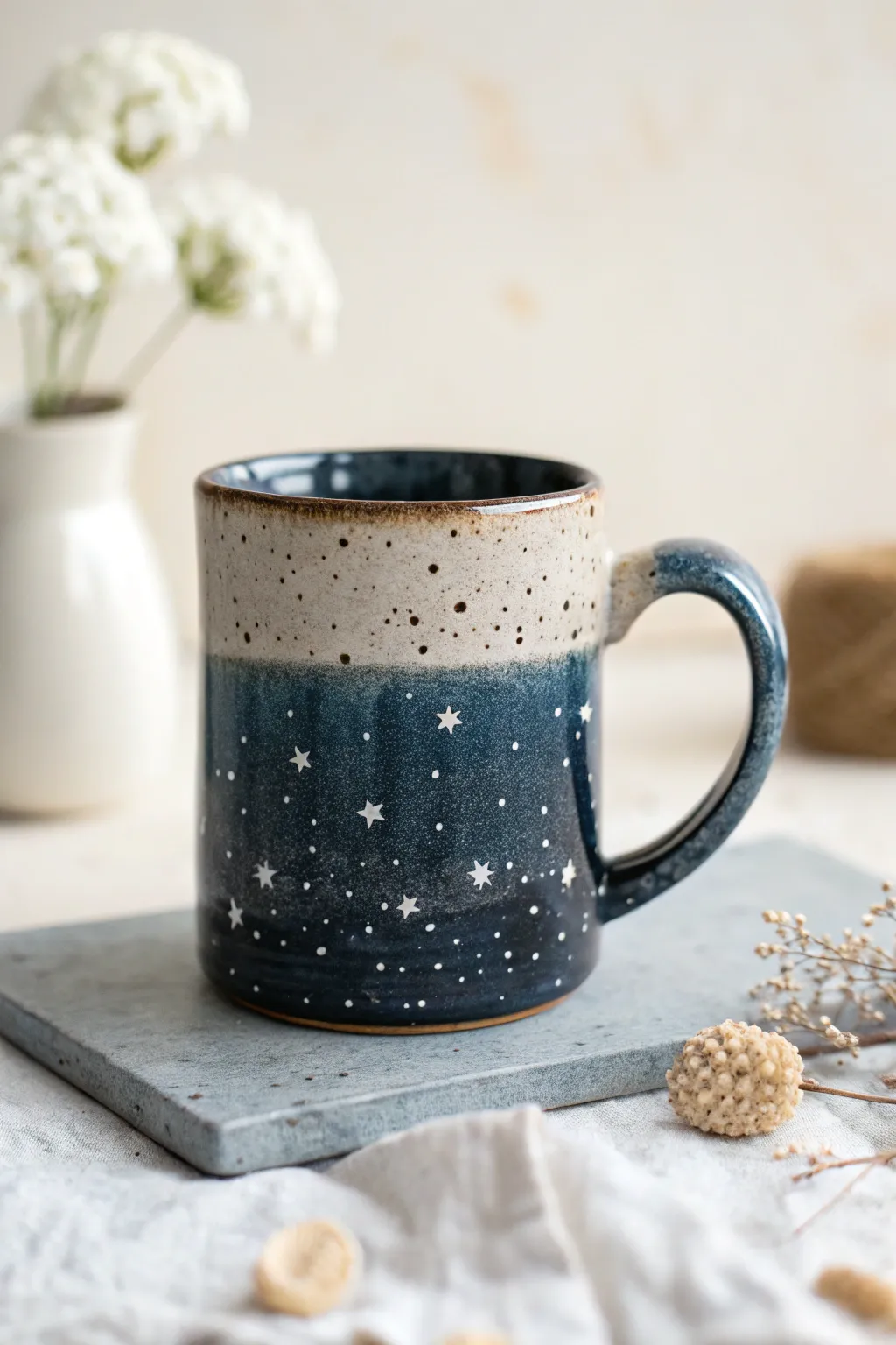 Night-sky splatter stars on a dark ceramic mug, minimal and dreamy with crisp contrast