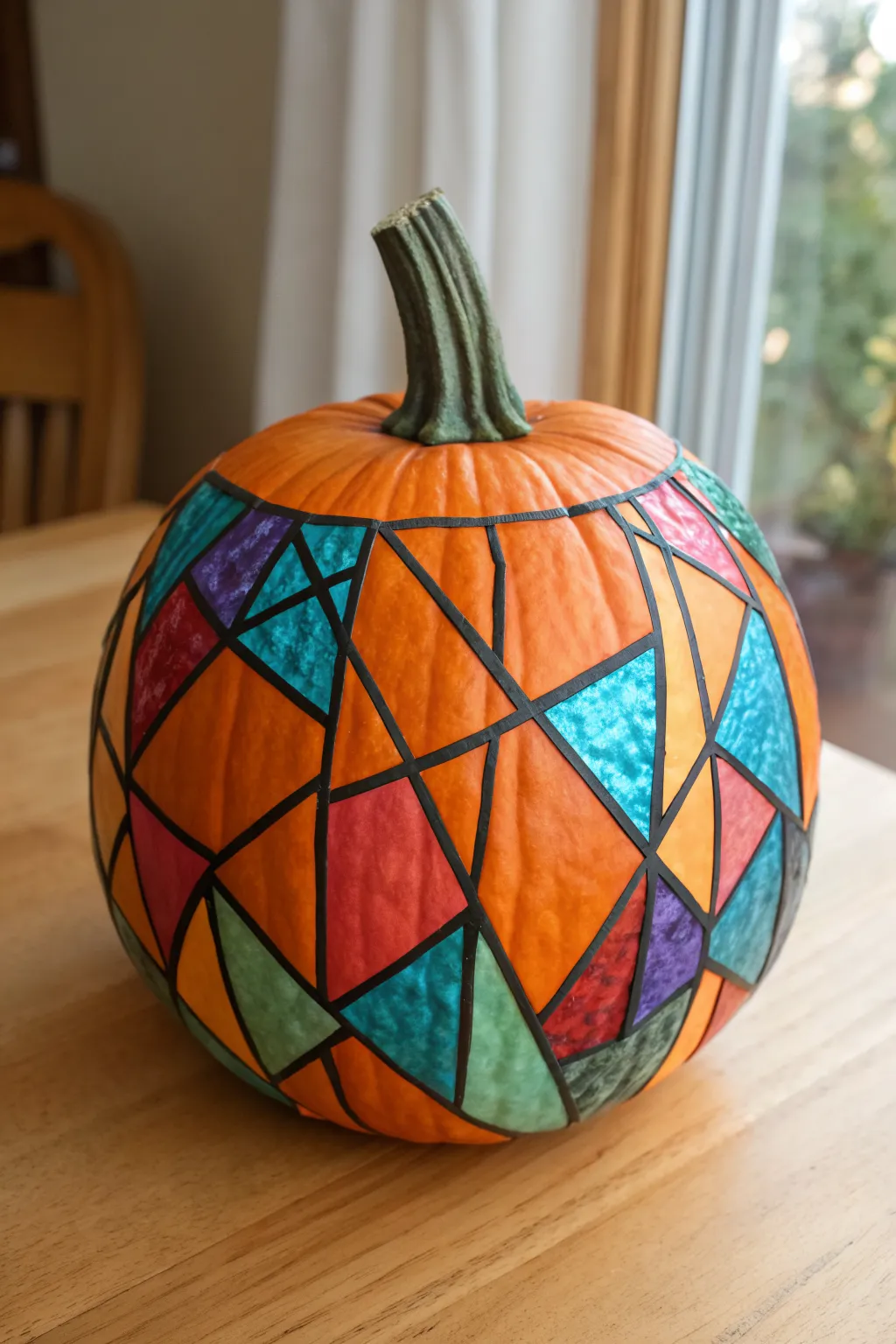 Bold stained-glass mosaic pumpkin with jewel-tone markers, crisp outlines, and bright daylight contrast