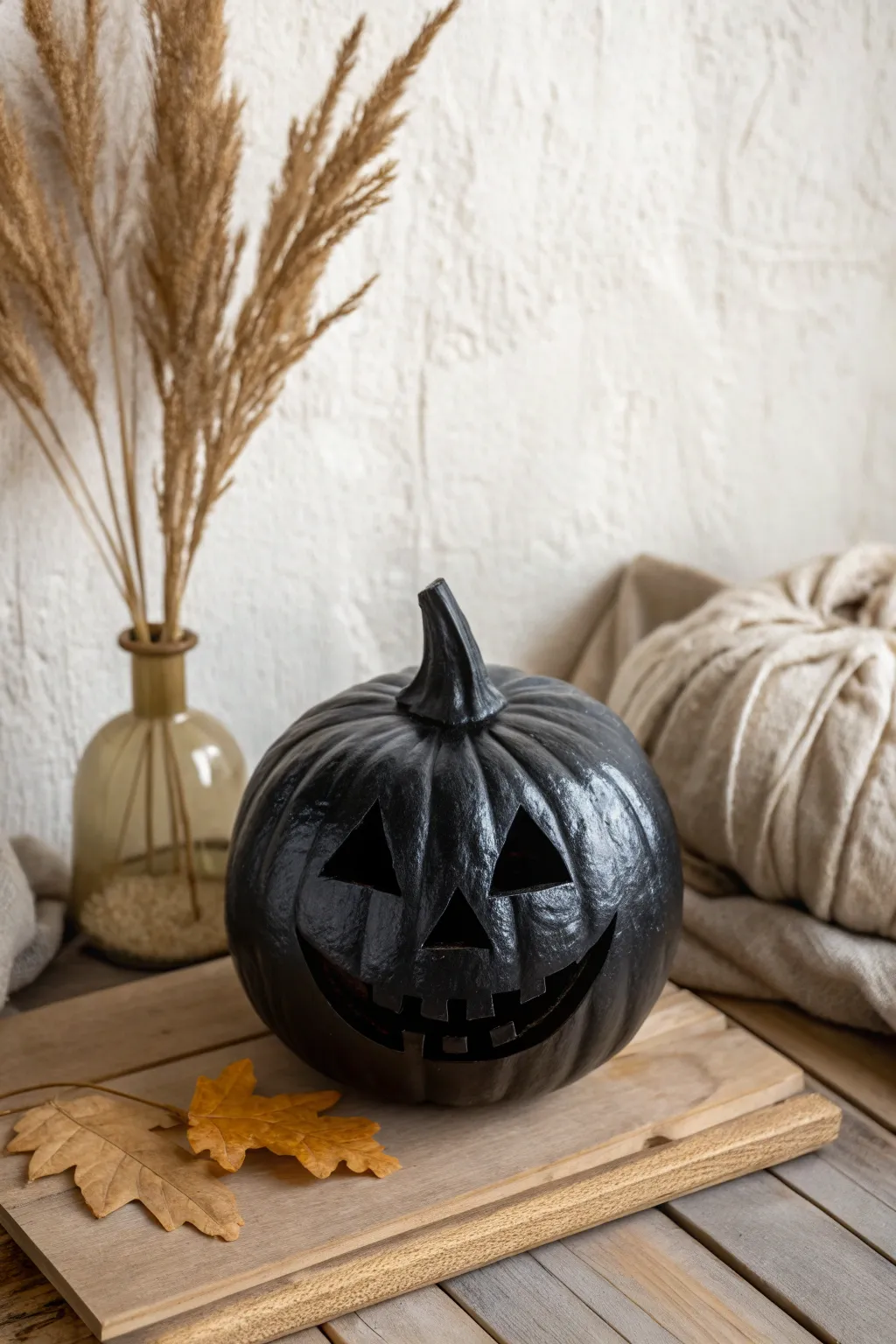 Chic minimalist Halloween decor featuring a matte black pumpkin with a mysterious glossy face.