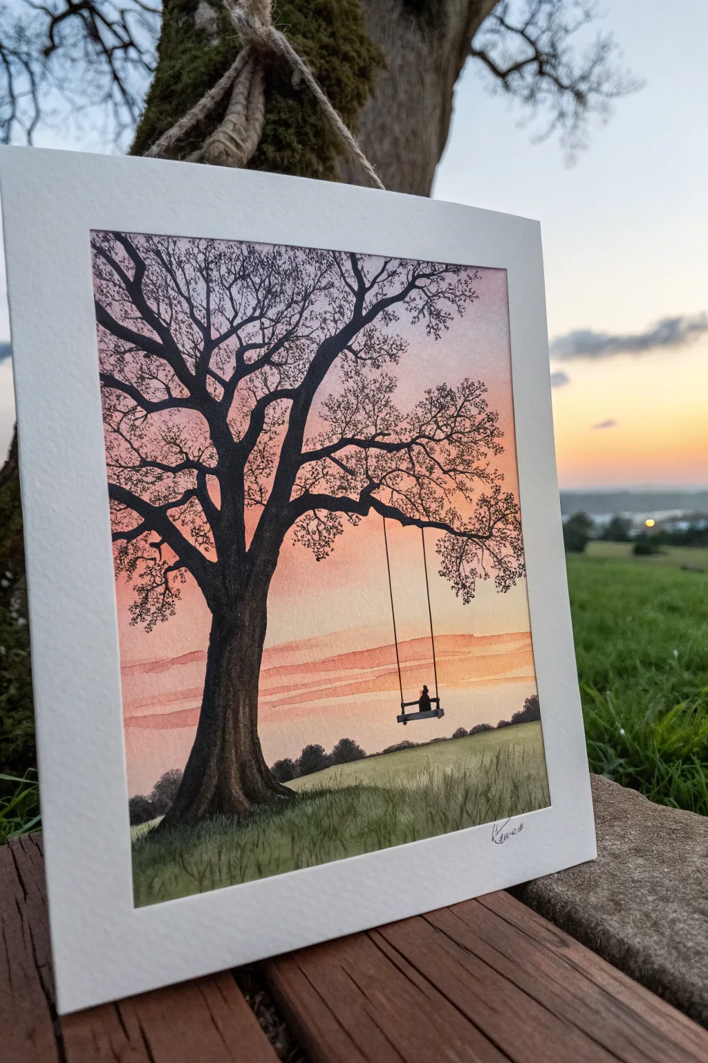 Minimal sunset swing silhouette painting idea with bold contrast and an easy, calming sky wash