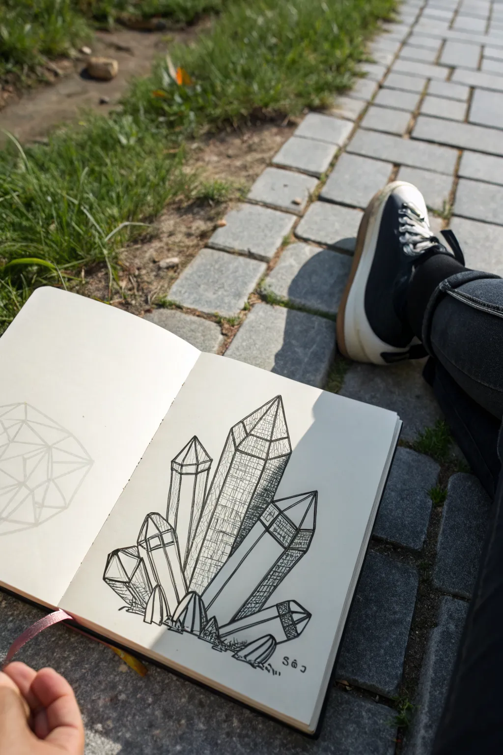 Seven calming steps to sketch a geometric crystal cluster with bold shadows and clean facets