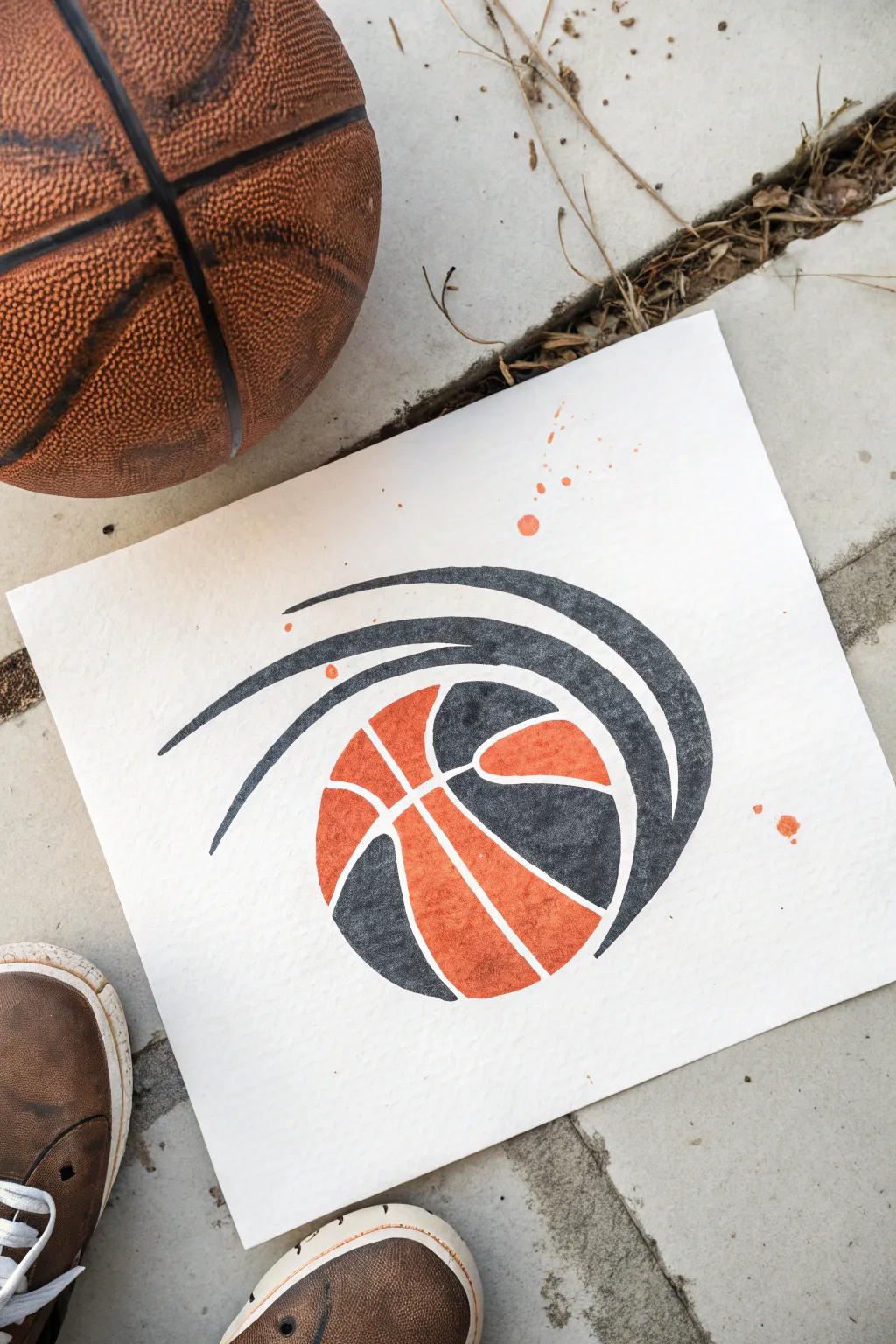 Modern sporty painting: a simple ball with bold motion lines in a clean minimalist palette