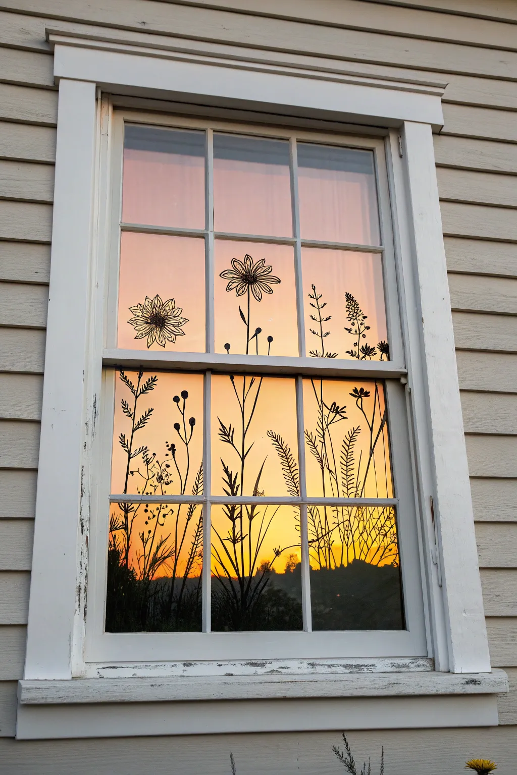 Paint a peach-to-gold sunrise band with black wildflower silhouettes for an easy spring window glow