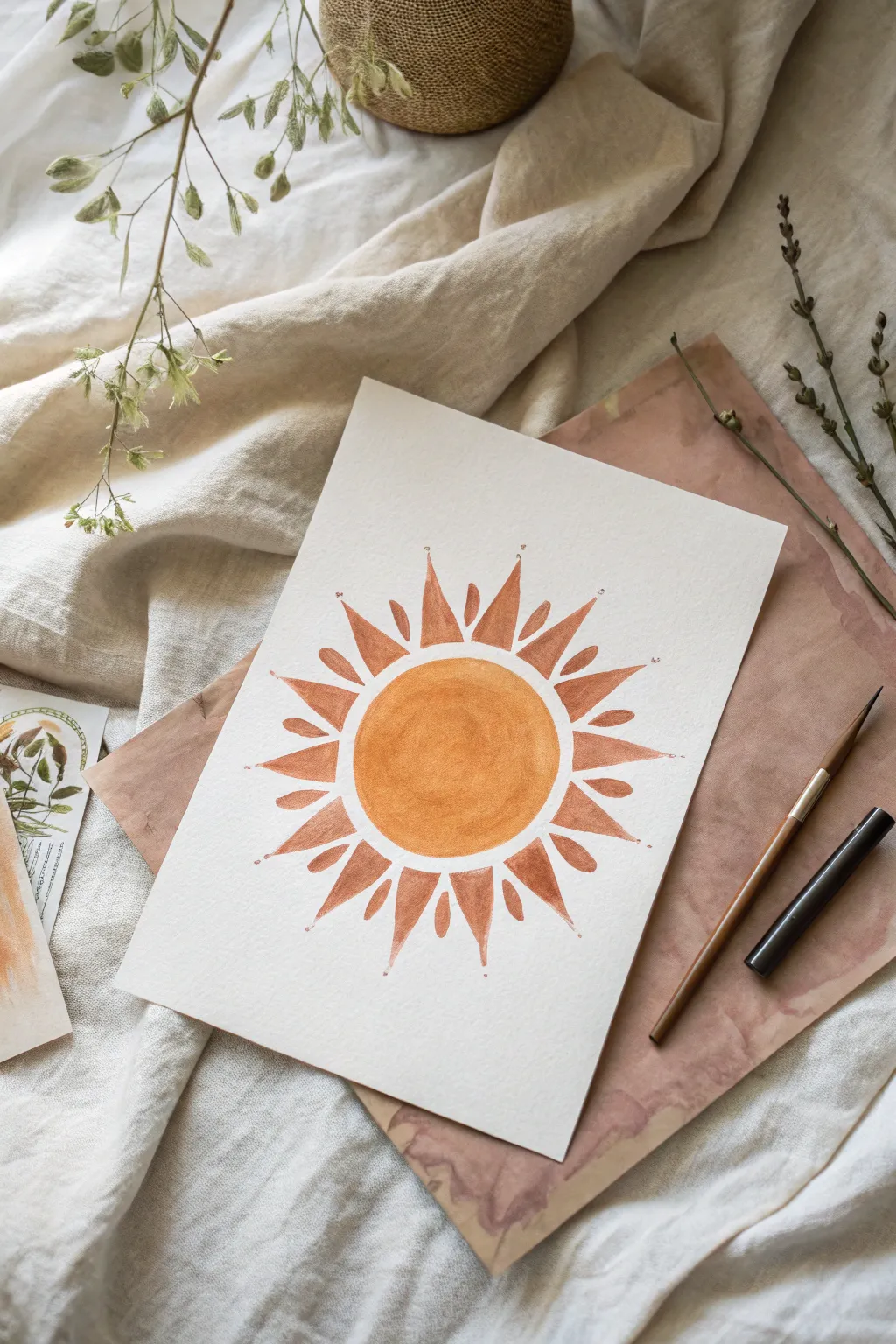Warm watercolor wash with a crisp negative space sun, minimalist Scandinavian style with boho warmth.