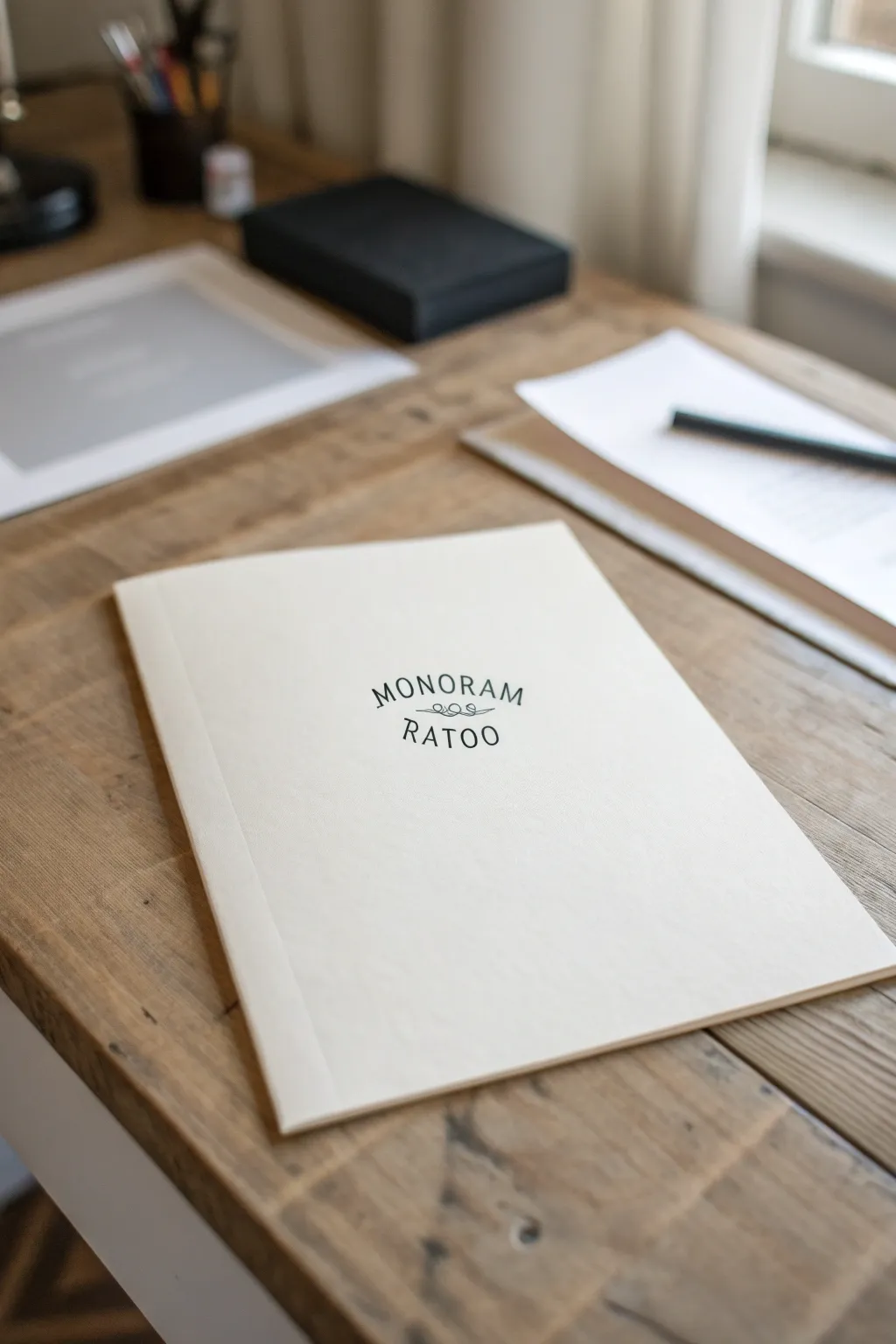 Clean initial monogram tattoo sketches in black ink on handmade paper, minimalist with boho warmth.