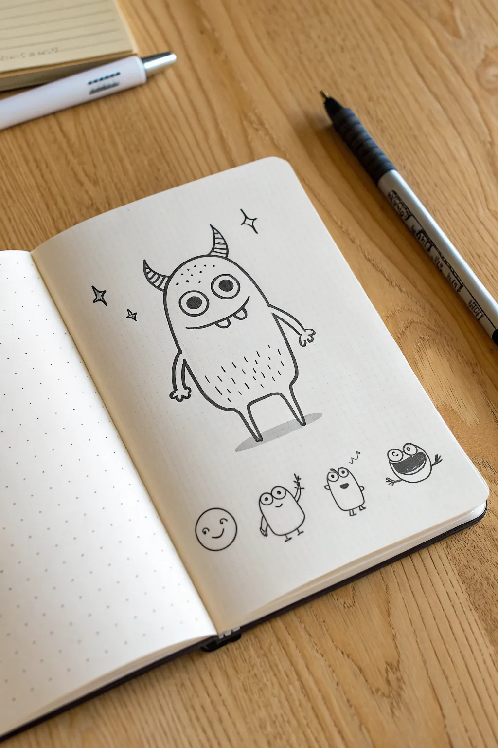 One blob becomes a silly monster—simple line doodle with three playful face variations for kids.