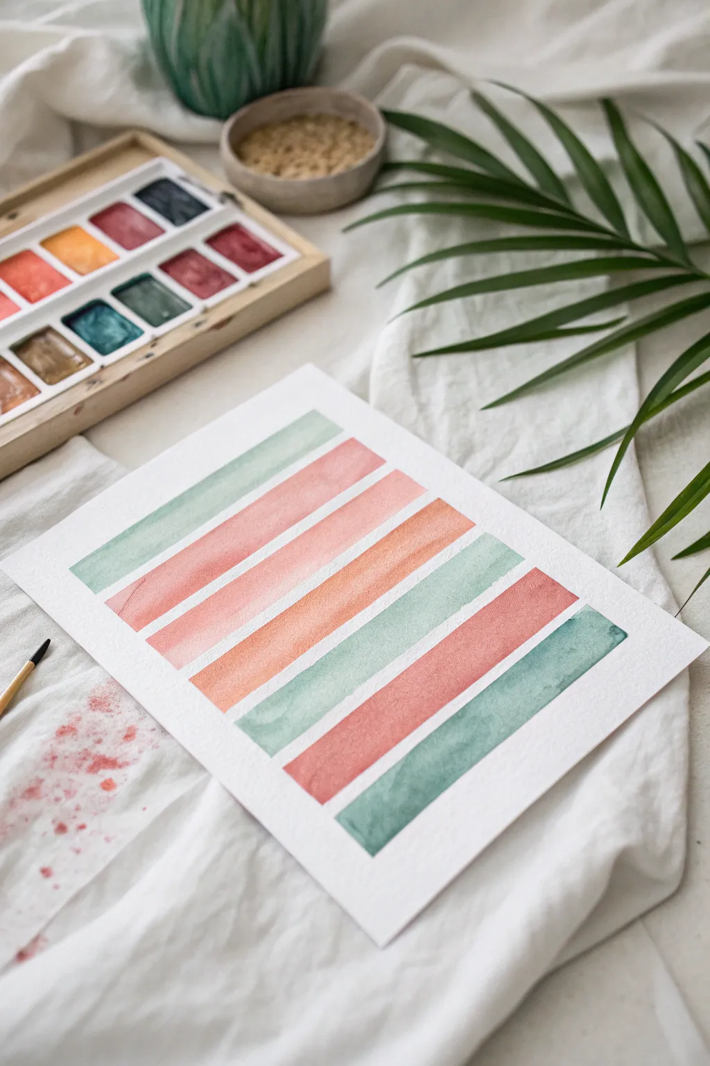 Crisp tape-resist white stripes meet dreamy watercolor washes, salt blooms, and subtle splatter.