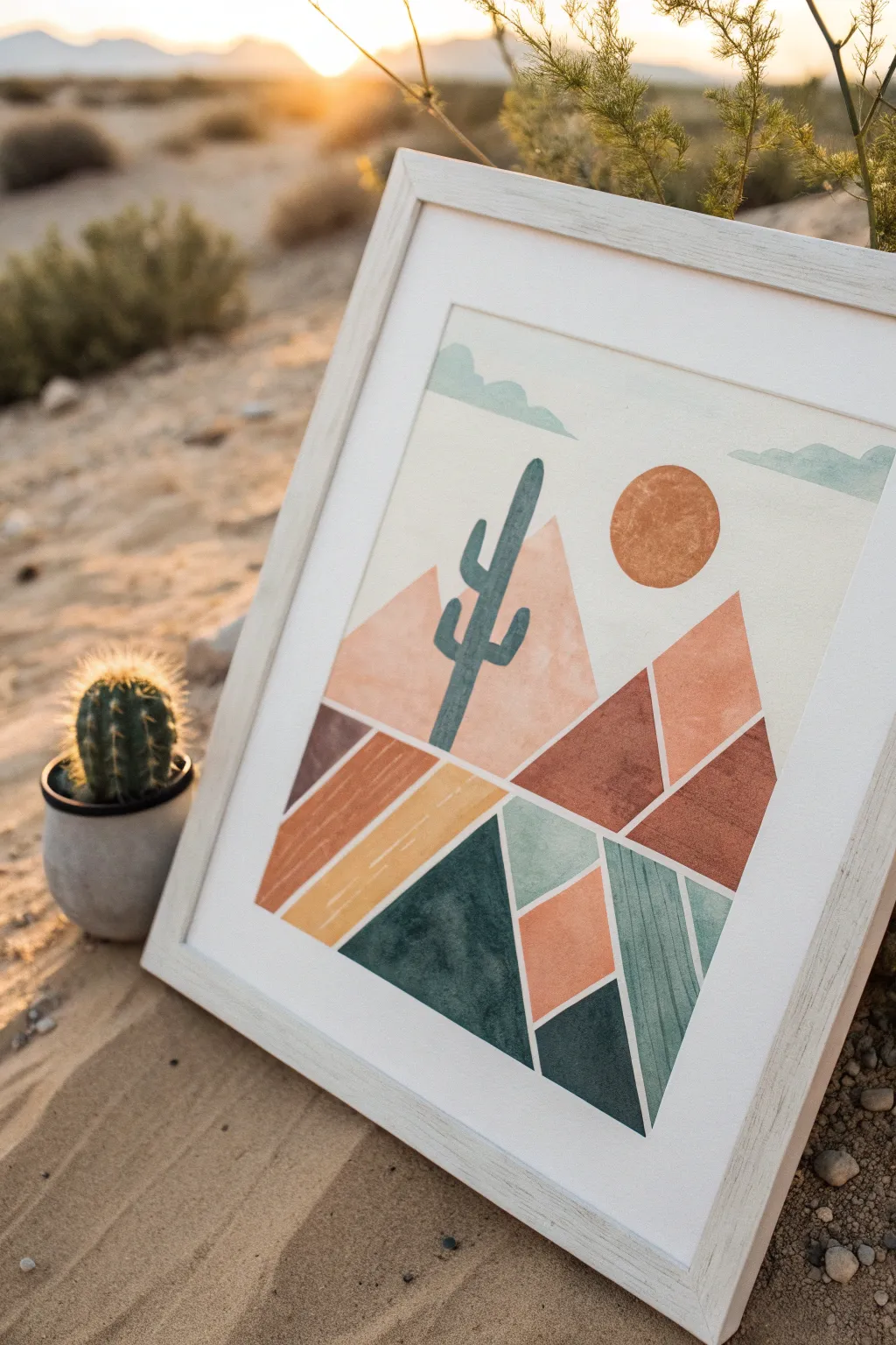 Easy western painting idea: minimalist geometric desert with sun, mesas, and cactus in warm tones