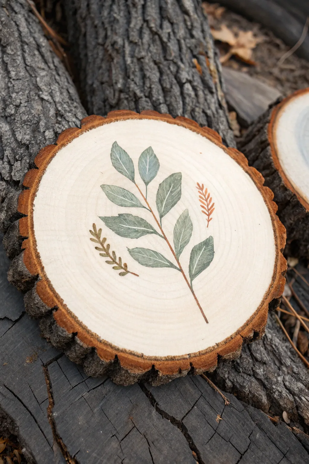 Painted wood slice with faux burned edge and simple leaf motif, minimalist boho contrast.
