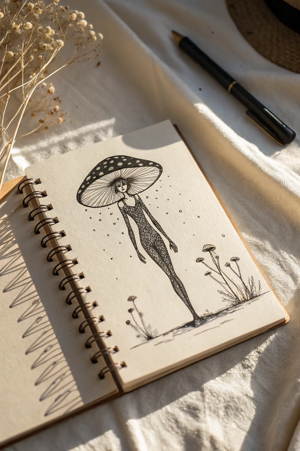Eerie mushroom-head figure sketch with floating spores, minimalist ink on warm paper.