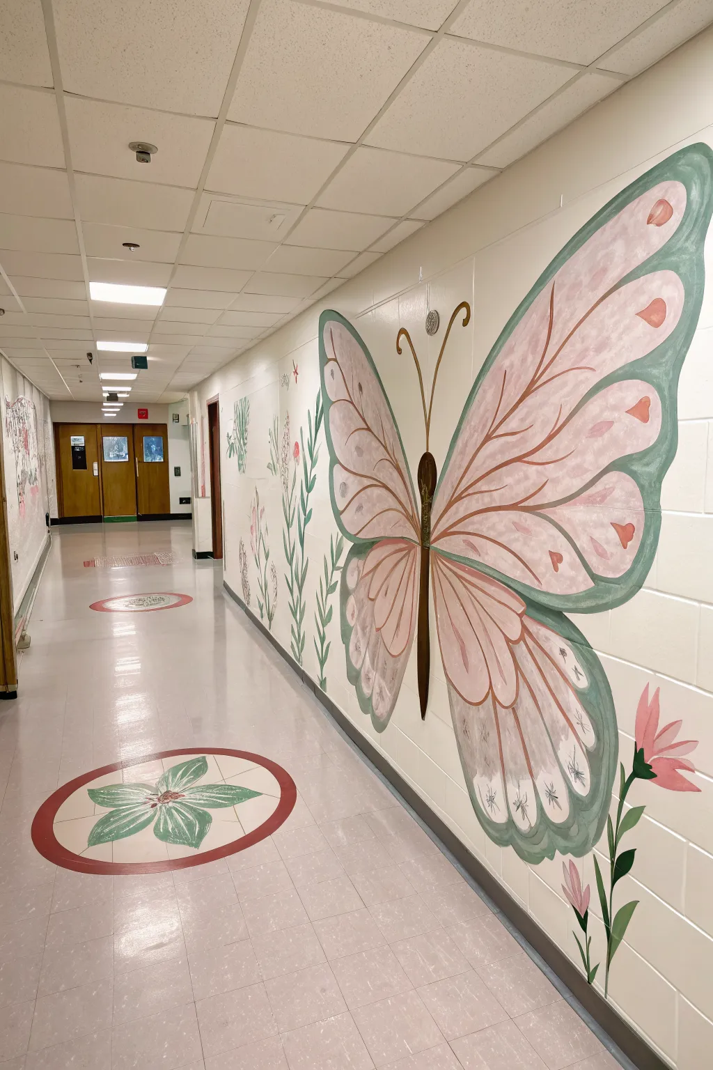 Butterfly wings mural photo spot idea that invites kids to pose in a bright school hallway