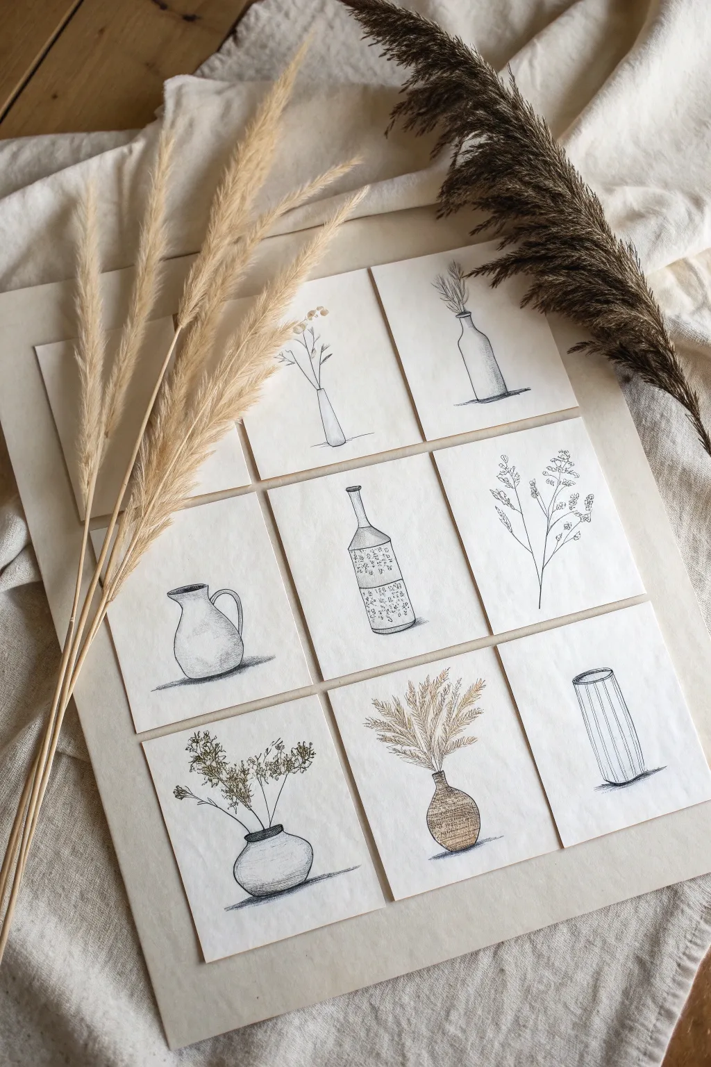 Nine ways to draw one vase: a minimalist 3x3 study exploring line, value, texture, color.