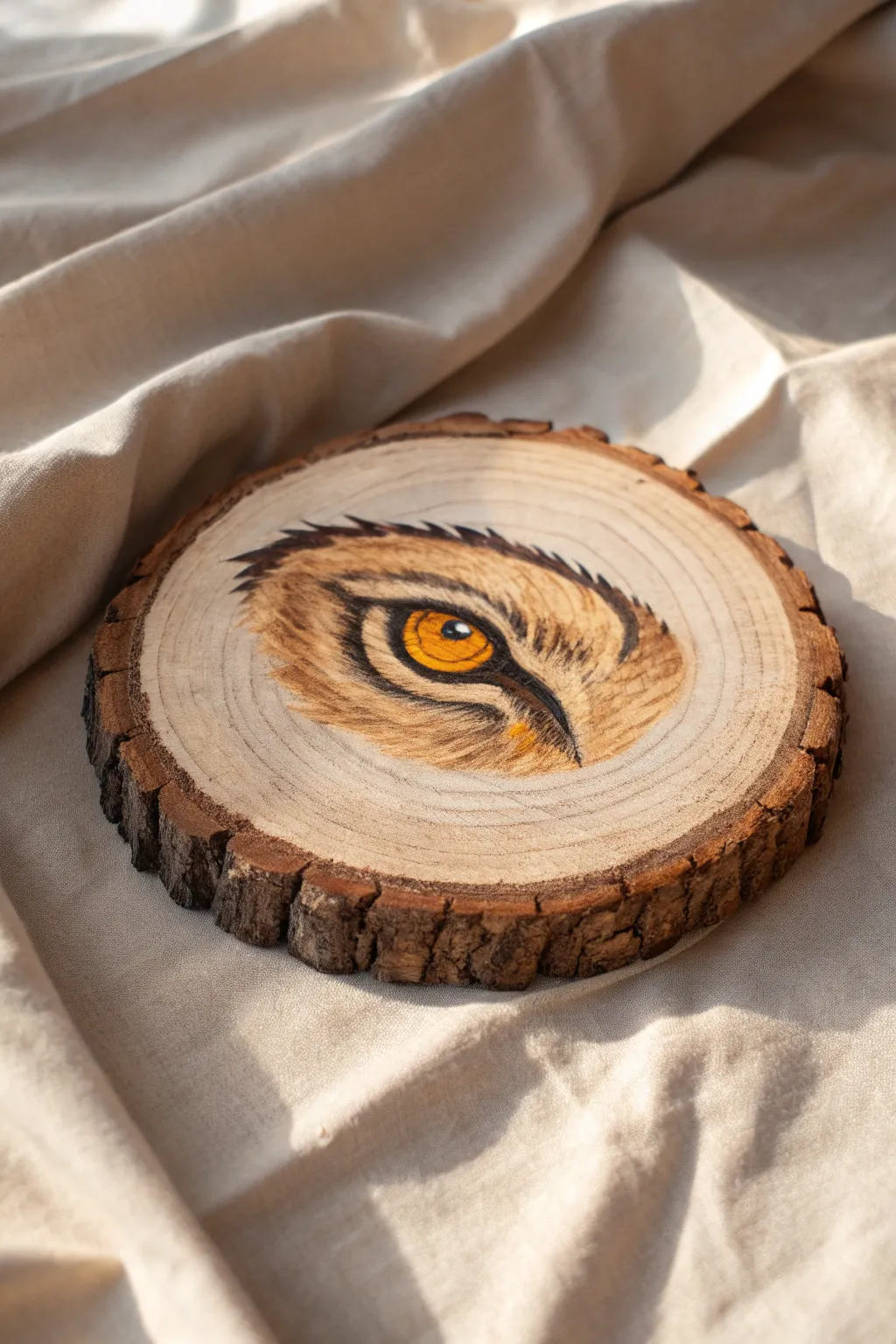 Enhance rustic wood slices with detailed realistic eye paintings for unique boho decor.