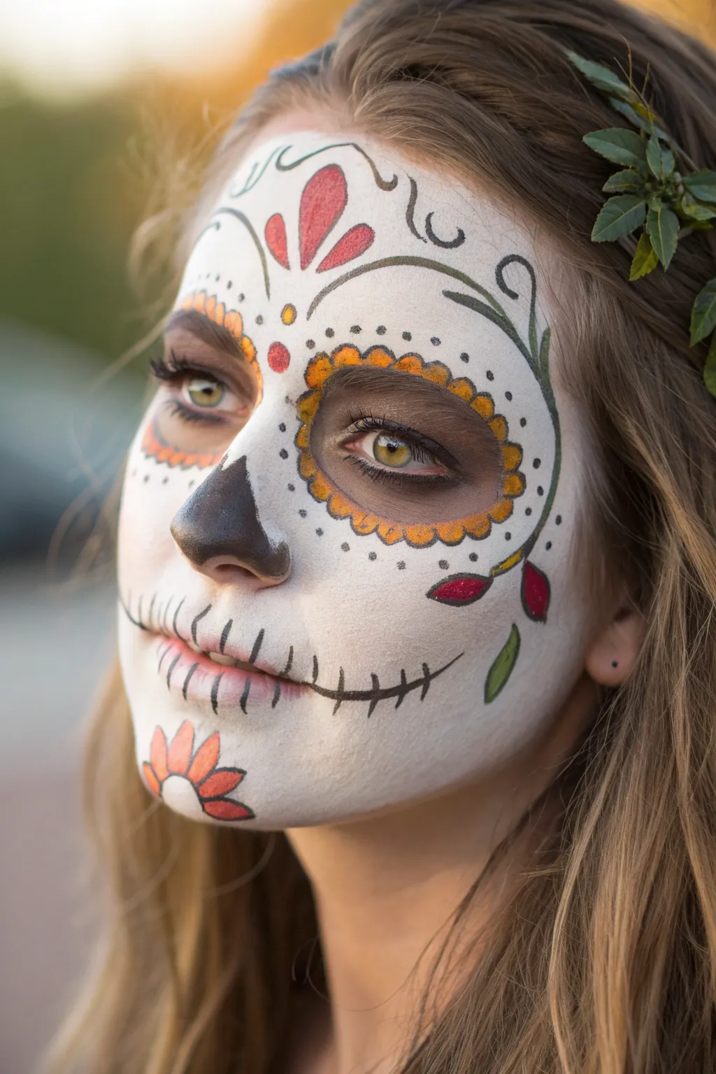 Elegant sugar skull face paint with floral eyes, crisp contrast, minimalist Nordic styling.