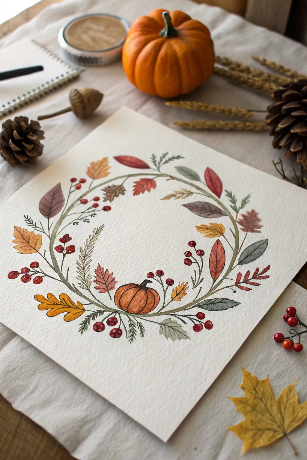 Folk-art fall wreath with crisp leaves, berries, and tiny pumpkins for a cozy paint night