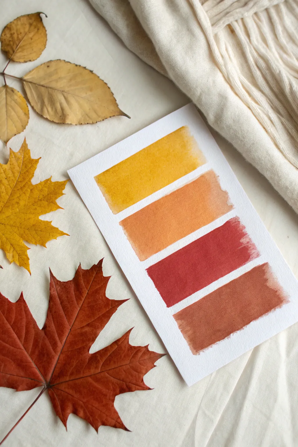 Easy abstract fall swatches with a minimal leaf line drawing in warm autumn tones