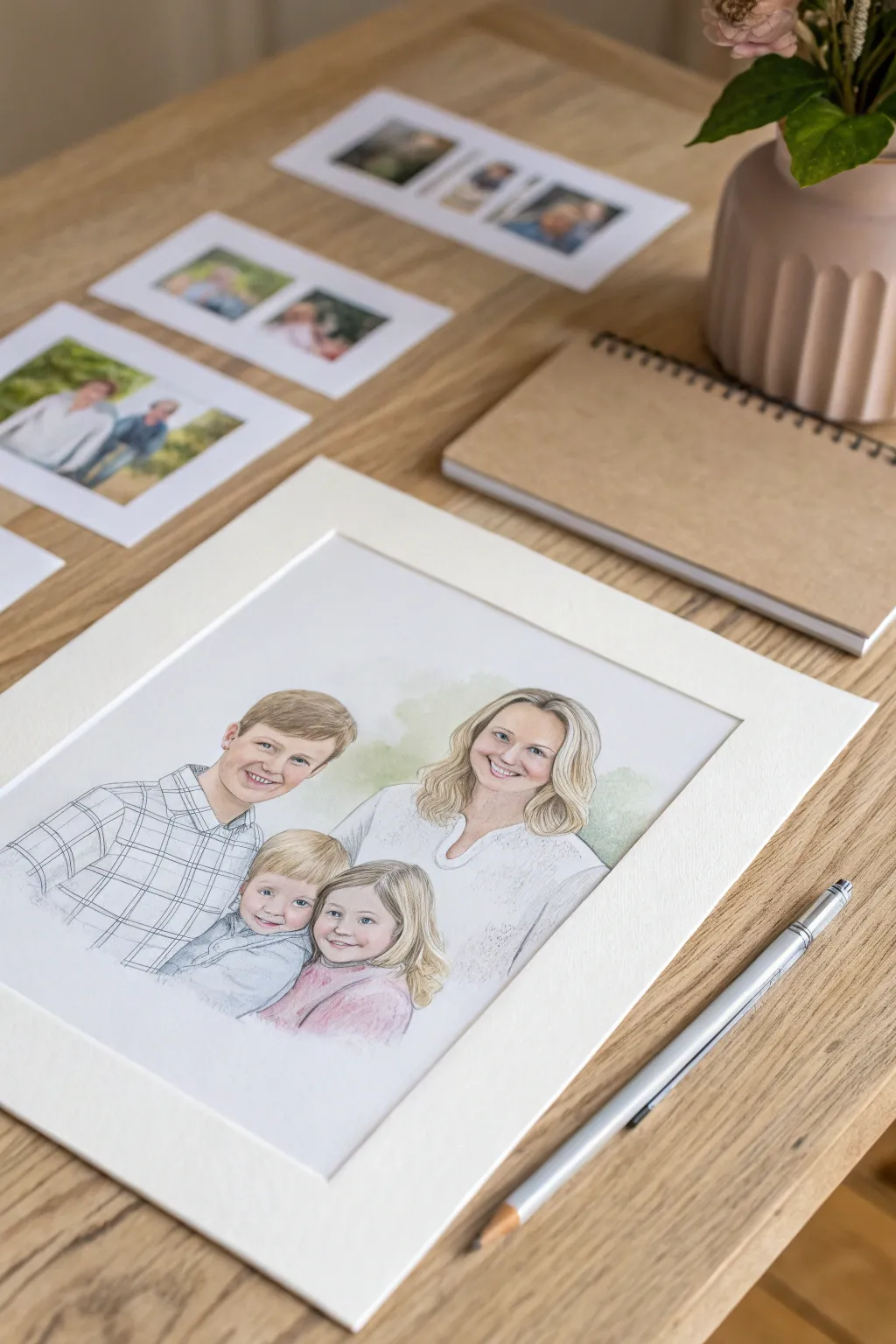 Mini family portrait collage on one page: big group center, sweet pairings around in calm hues.