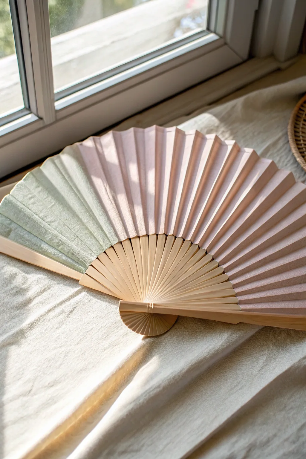 Sponge and splatter textures on a hand fan in soft boho neutrals, perfect for fan painting ideas.