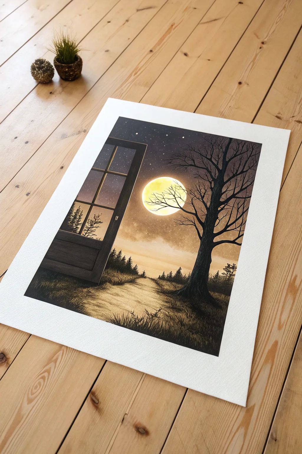 Paint a simple window silhouette with a glowing portal shadow and a tiny dream world beyond.