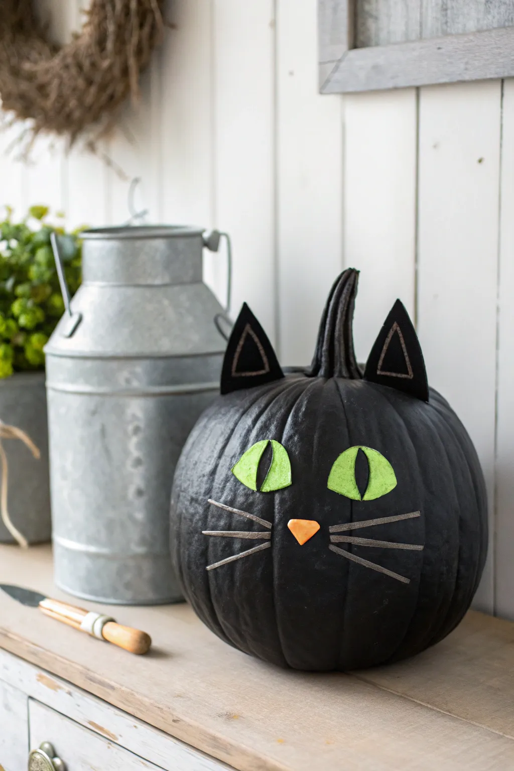A purr-fectly simple black cat pumpkin to add farmhouse charm to your fall decor.